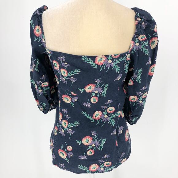POLO RALPH LAUREN Blouse Sz 18 Linen Puff Sleeve Floral Print Navy Blue - Picture 6 of 12